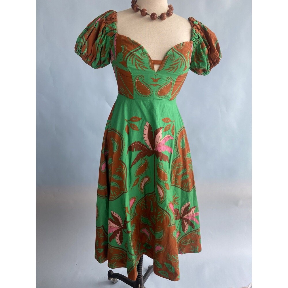 Maeve Anthropologie EUC Puff Sleeve Sweetheart Fit Flare Tropical Dress 0